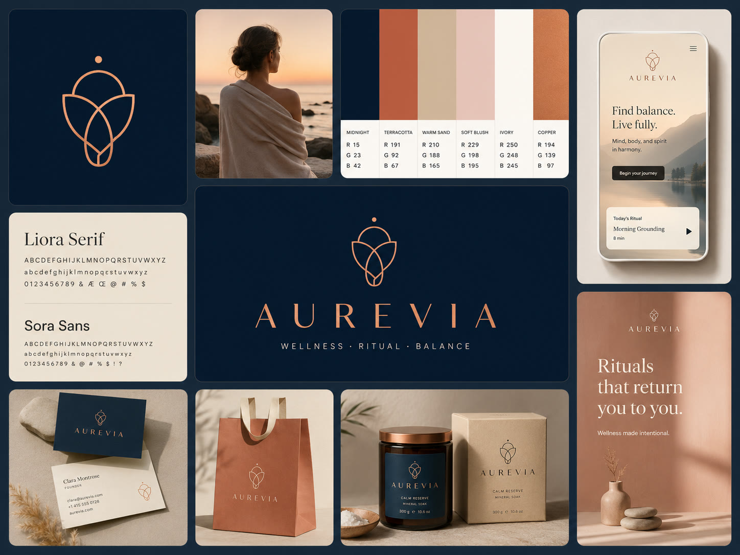 Identité Aurevia : univers wellness bleu nuit et cuivre, packaging et papeterie