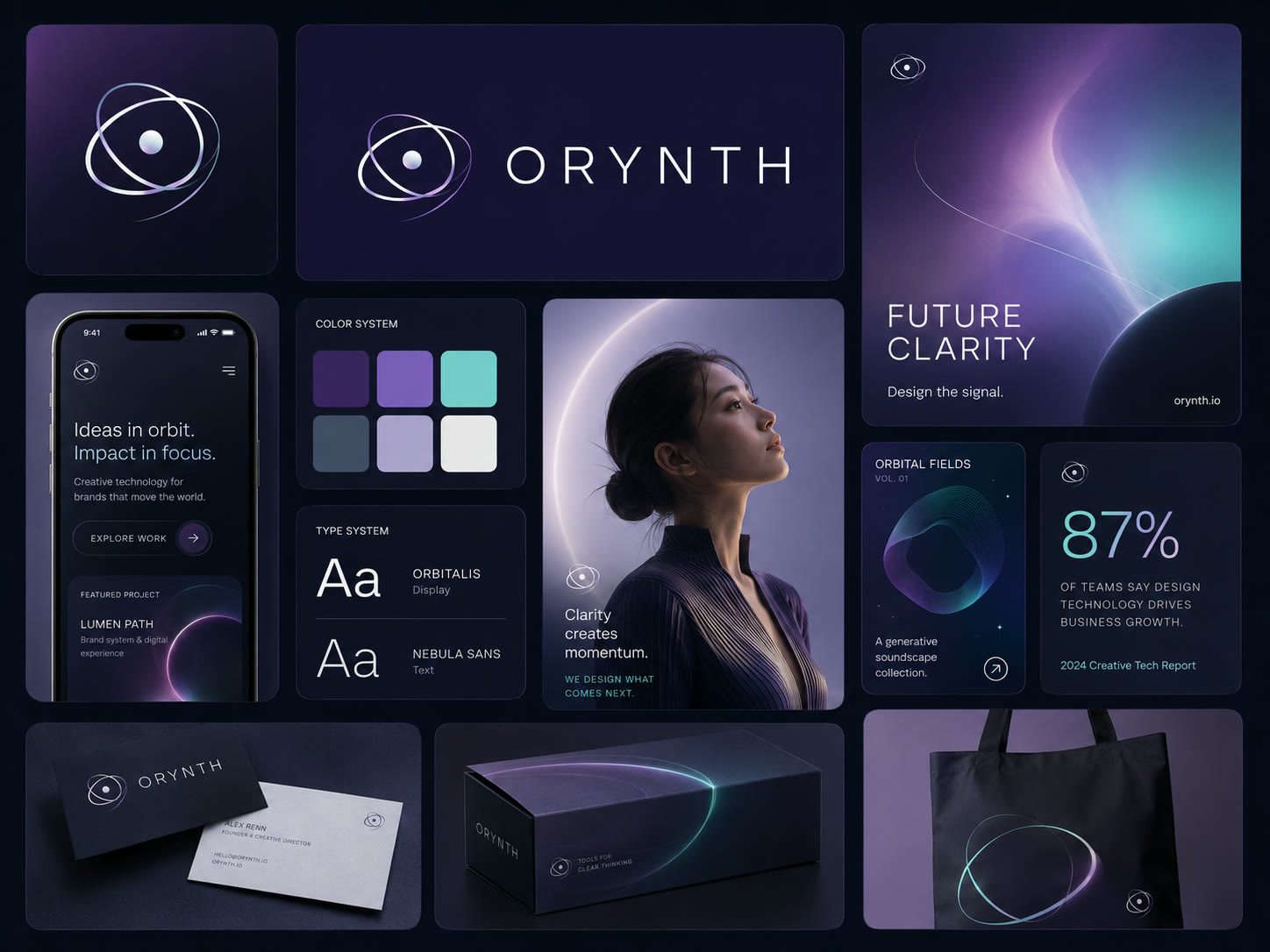 Identité Orynth : système de marque violet sombre, logo orbital et packaging