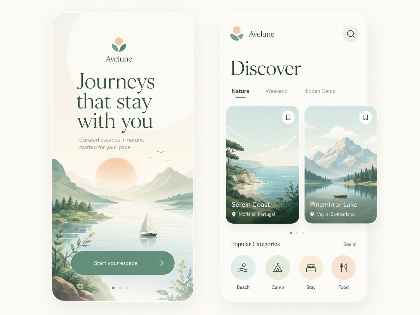 App mobile Avelune : interface voyage pastel, illustrations nature